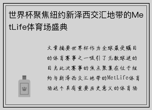 世界杯聚焦纽约新泽西交汇地带的MetLife体育场盛典